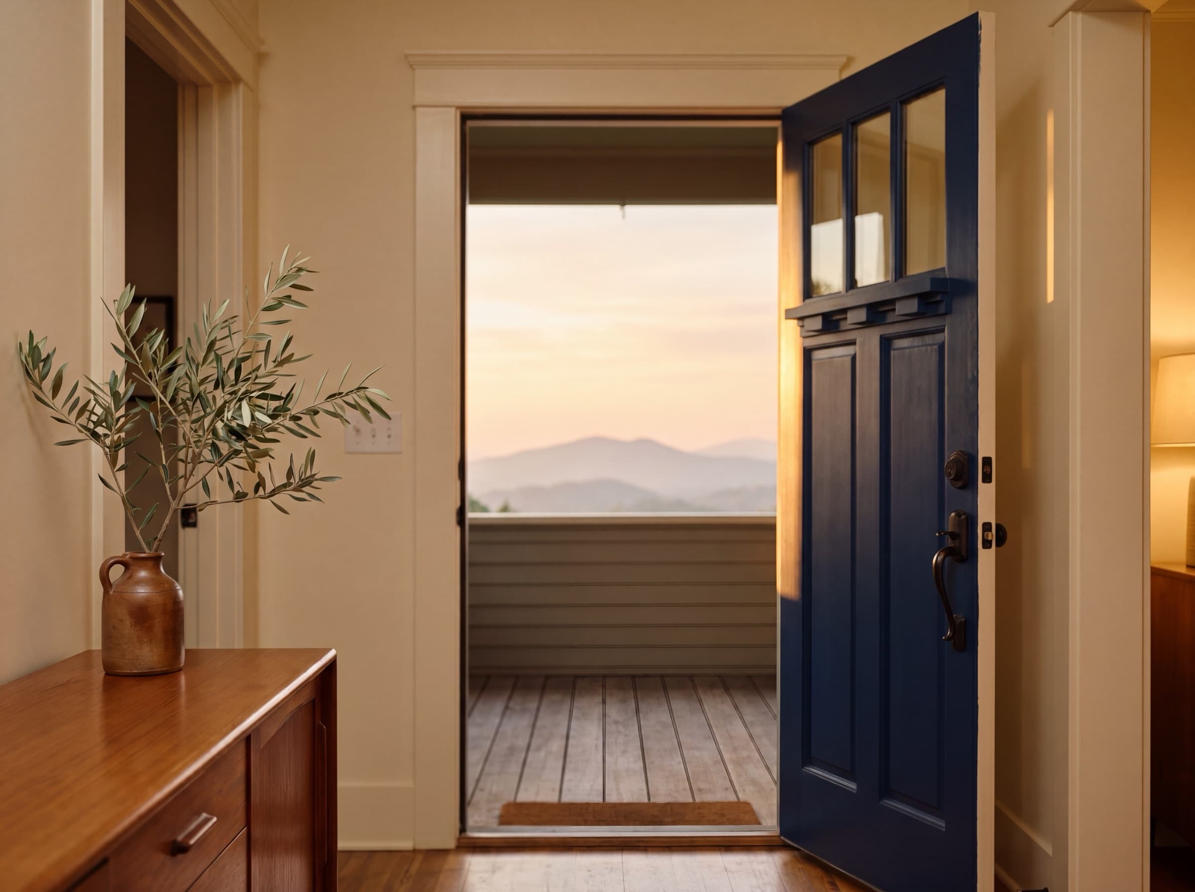 An open navy front door at warm dawn viewed from inside a craftsman home, with mountain silhouettes visible through the doorway and an olive branch in a clay pitcher on a wooden console nearby.