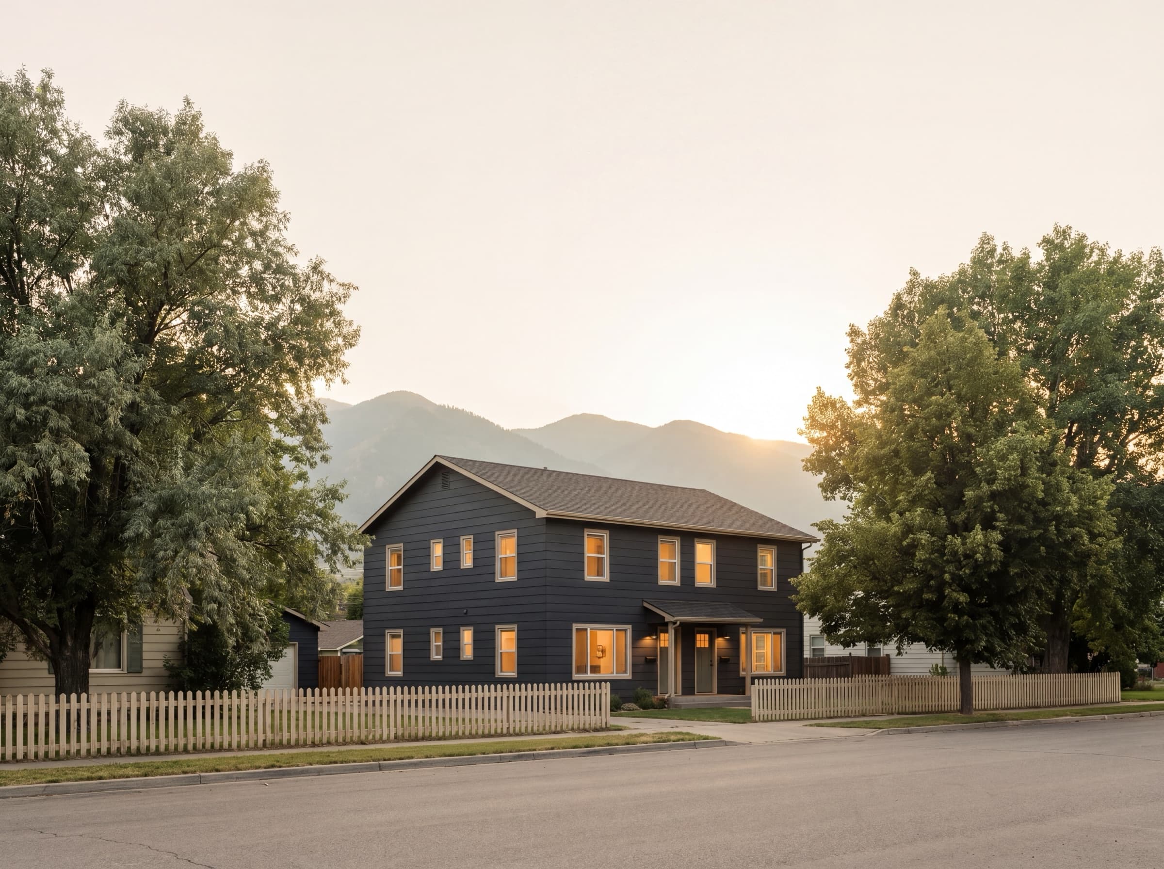 A modest two-story navy-clad multifamily home with warm window light, framed by mature trees and a low cream picket fence on a quiet residential street at golden hour, with distant mountains behind.