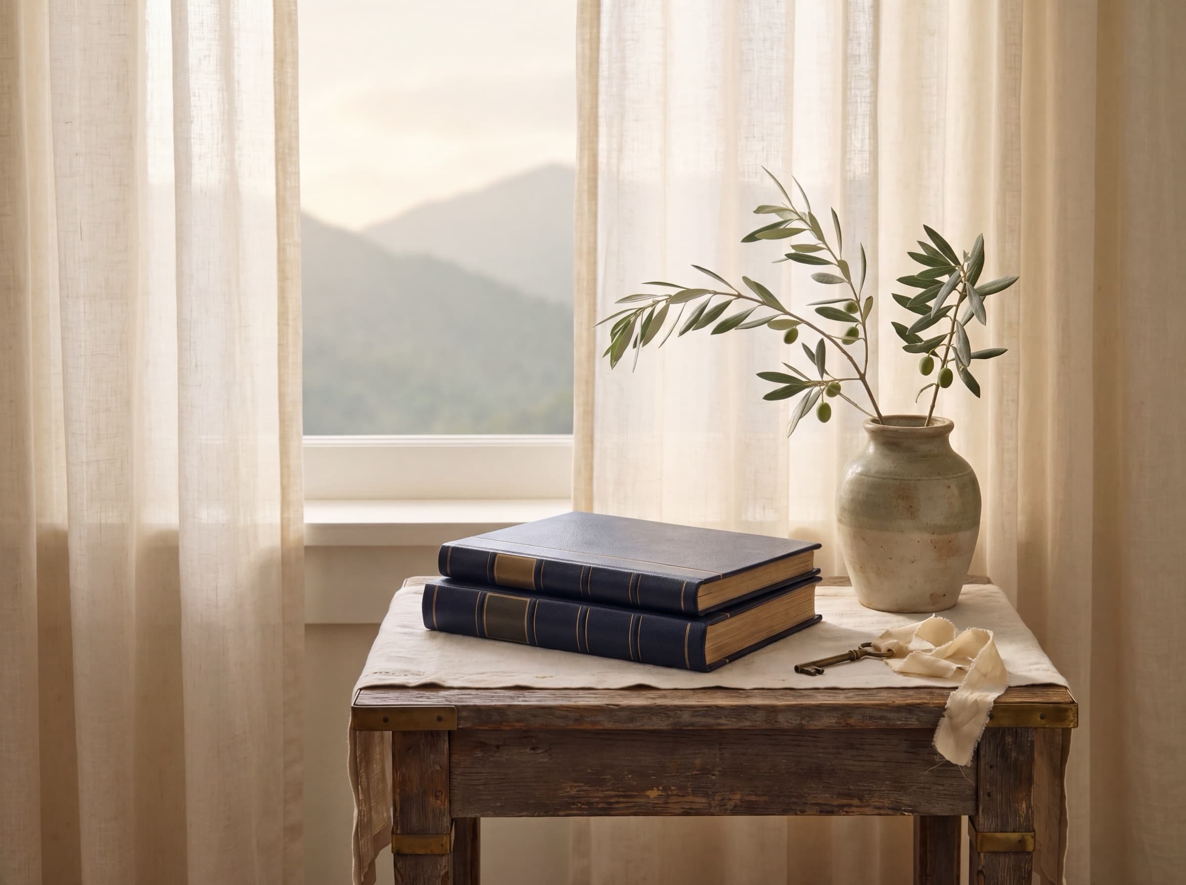 Two closed navy leather-bound photo albums and a vintage brass key on a worn wooden side table by a curtained window, with a clay vase holding an olive branch and a soft mountain view beyond.
