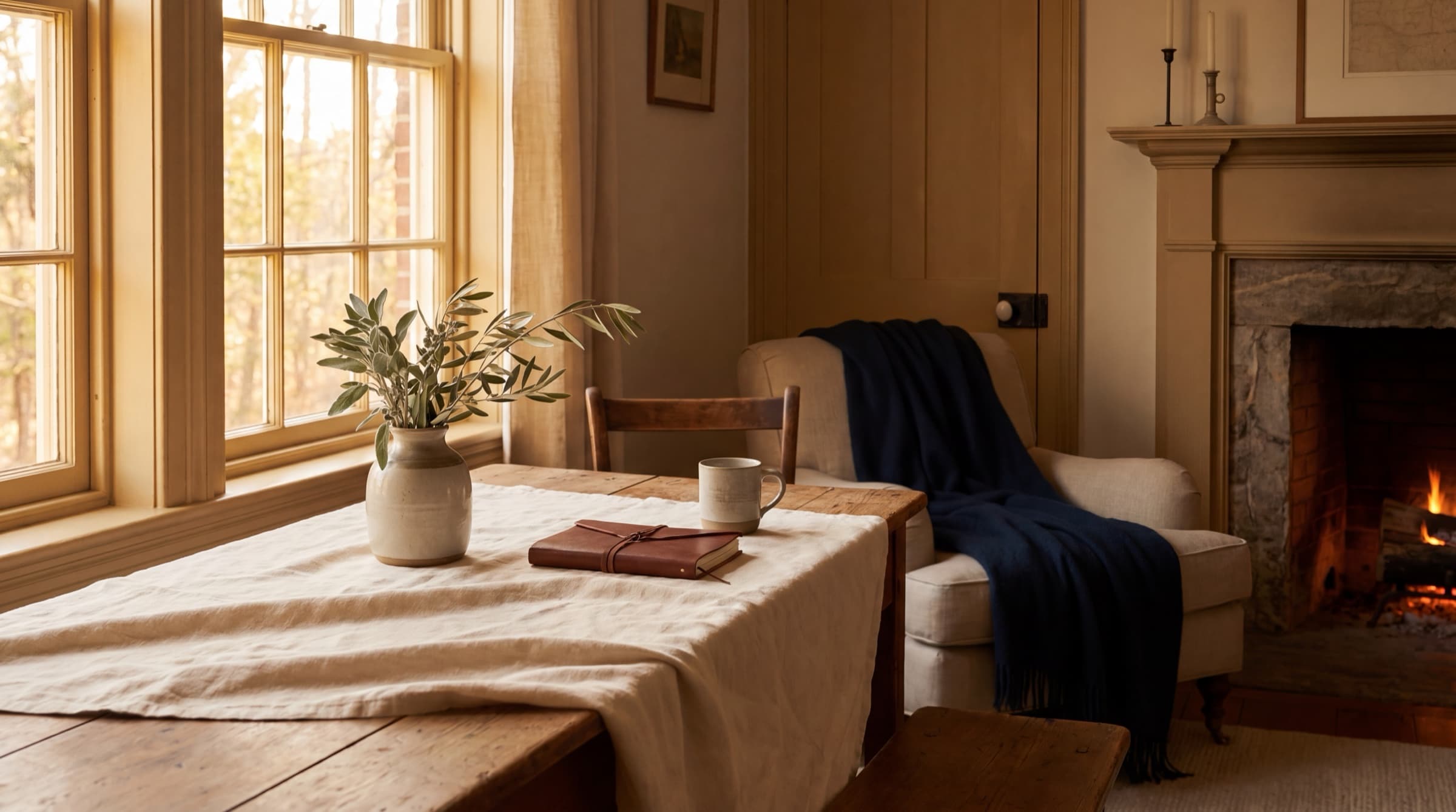 A welcoming sunlit living room with a comfortable chair and wooden table